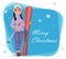 Christmas greeting card with lady skier