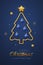 Christmas greeting card minimal design with golden metallic Christmas tree, blue balls bauble and golden stars. New Year poster,