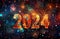 Christmas greeting card with multicolored numbers 2024 on the background of brilliant multicolored fireworks and bokeh lights