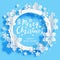 Christmas greeting card with paper snowflakes and stars round frame on blue background for Your holiday design