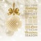 Christmas greeting card - patterned bauble with glitter gold bow hanging on a christmas tree and type design greeting.