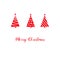 Christmas greeting card red triangle graphic abstract fir trees, star, baubles, snow flakes, lettering, white background