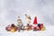 Christmas greeting card. Santa, gnomes, gifts and snow.