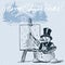 Christmas greeting card with snowman artist sketching outdoor in snowfall