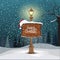 Christmas greeting card - snowy winter landscape background. Street lamp and wood board with merry christmas calligraphy