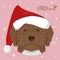 Christmas greeting card. Spanish Water dog with red Santas hat