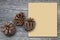 Christmas greeting card template with three cedar cones against grey wooden board and empty vintage sheet of paper