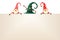 Christmas greeting card template. Three Christmas Gnomes with signboard on transparent background