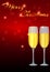 Christmas greeting card template with two glasses of champagne on a bokeh red background. Xmas empty banner design.