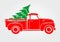 Christmas greeting card. Vintage pickup, truck with Christmas tree.