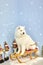 Christmas greeting card with white Samoyed, New Year