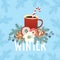 Christmas greeting card, winter invitation with red cup of hot drink. Cocoa or coffee decorated with candy cane stick