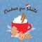 Christmas greeting card, winter invitation with red cup of hot drink. Cocoa or coffee decorated with cinnamone sticks