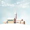 Christmas greeting card with winter snowy landscape, little village with church and lights,