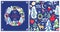 Christmas greeting craft blue card with Xmas wreath and wallpaper with reindeer, baubles, candy, crescent, star, snowy trees, ange