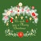 Christmas greeting craft card with paper cutting conifer branches garland with hanging gold angels, jingle bell, sock, gingerbread