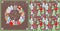 Christmas greeting craft card with Xmas wreath and wallpaper with colorful balls, baubles, gingerbread, snowy trees, conifer, ange