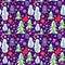 Christmas greeting craft violet seamless wallpaper with colorful balls, baubles, gingerbread, snowy trees, conifer, angel, poinset