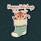 Christmas greeting with a cute jolly reindeer in a patterned stocking
