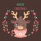Christmas greeting with a cute jolly reindeer sitting in a pink teacup