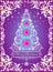 Christmas greeting ornate purple card with craft decorative floral  vignette and Xmas tree with poinsettia