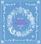 Christmas greeting pastel blue card with hanging craft wreath with paper cutting snowflakes, little angels, jingle bell, Xmas tree