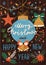 Christmas greeting postcard decorated with garland, bauble, bell, star and floral branches. Winter holidays poster with