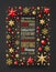 Christmas greeting type design in frame which is made from stars, ruby gems golden snowflakes and beads