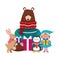 Christmas grizzly bear with animals and elf with gift boxes