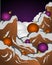Christmas Halloween snowy mountain with large orange and purple ornaments