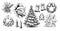 Christmas hand drawn decorations, vector elements. Traditional Christmas symbols