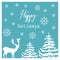 Christmas Hand Drawn Vector Greeting Card. White Deer Fir Trees Snow Flakes Wonderland. Blue Background. Calligraphic Lettering