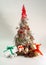 Christmas hand made fir isolated. Green red decoration banner craft paper red gift boxes lights garland. Recycle nature