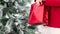 Christmas hands woman with red bag, tree in background