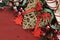 Christmas and Happy Holiday background on dark red vintage recycled wood - closeup.