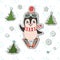 Christmas and Happy New year card with little cartoon penguin skier
