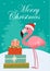 Christmas and Happy New Year illustration. Fun holiday card of cute flamingo with gifts. Vector template.