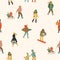Christmas and Happy New Year seamless pattern whit people. Trendy retro style.