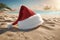 Christmas hat on the beach with a blue sky and sea in the background, xmas wallpaper