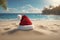 Christmas hat on the beach with a blue sky and sea in the background, xmas wallpaper