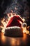 Christmas hat on fire on the floor, xmas background