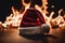 Christmas hat on fire on the floor, xmas background