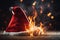 Christmas hat on fire on the floor, xmas background