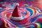 Christmas hat in a psychedelic background, colorful xmas wallpaper