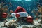 Christmas hat underwater with sea plants and fish around, xmas wallpaper