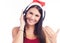 Christmas headset woman from telemarketing call center wearing red santa hat talking smiling isolated on white background