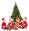 Christmas helpers kids playing under fir tree. New