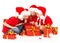 Christmas helpers kids in Santa hat opening gift b