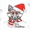 Christmas Hipster fashion animal fox dressed a New Year hat and scaf