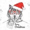 Christmas Hipster fashion animal wolf dressed a New Year hat